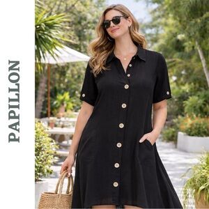 Papillon Black High-Low Shirt Dress Button Front XS NWT